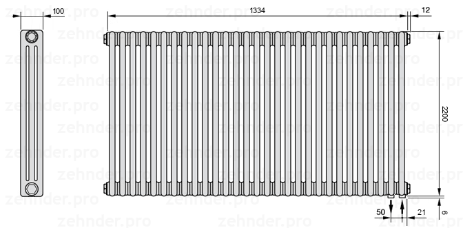 Схема (чертеж) Радиатор Zehnder Charleston 3220/29 №5510 Белый глянцевый RAL 9016